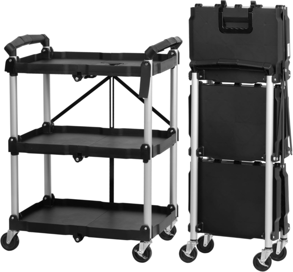 Mahlzeit Beistellwagen Faltbarer Servierwagen mit Rollen, belastbar bis 150 kg 3 Etagen Schwa, Zwei Pedalbremsen zum sicheren Abstellen des Wagens