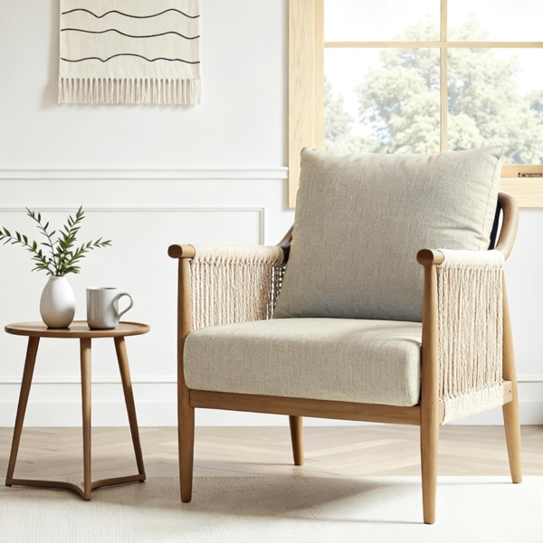 FLEXISPOT Loungesessel Akzentstuhl handgeflochten AC3 (Boho Rattanstuhl mit atmungsaktivem Design Beige), Vielseitiger Indoor & Outdoor Stuhl mit komfortablen Kissen