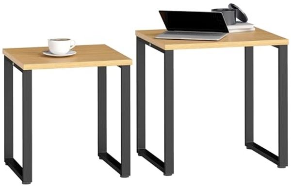 HOMCOM Couchtisch 2er Set Wohnzimmertisch mit Metallrahmen, Satztisch Kaffeetisch Beistelltisch für Wohnzimmer, Schlafzimmer, Balkon Natur