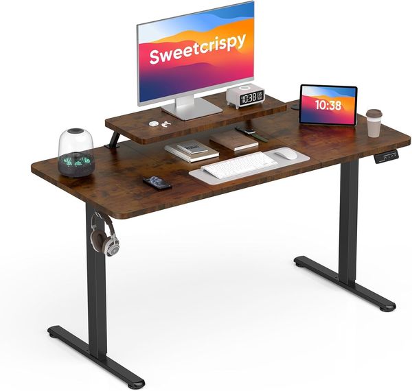 Sweetcrispy Höhenverstellbarer Schreibtisch mit Monitorständer, 140x60 cm Schreibtisch Höhenverstellbar Elektrisch, Ergonomischer Steh-Sitz Tisch, Computertisch Standing Desk, Vintagebraun