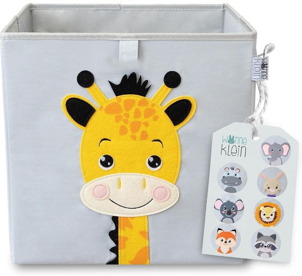 wonneklein Aufbewahrungsbox Kinder grau I extra stabile Spielzeugkiste für Kinderzimmer I Box (33 x 33 x 33 cm) zur Aufbewahrung I graue Ordnungsbox mit Tier Motiv (Greta Giraffe)