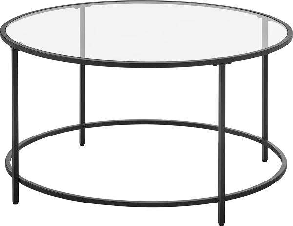 Vasagle Couchtisch, Beistelltisch rund, Glastisch mit Metallgestell, Hartglas, Nachttisch, Sofatisch, für Balkon, schwarz, Ø 84x45,5 cm