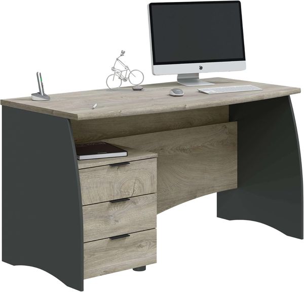 Habitdesign Estil, Bürotisch mit 3 Schubladen, Finish in Anthrazit und Eiche Alaska, Maße: 136 cm (B) x 67 cm (T) x 74 cm (H)