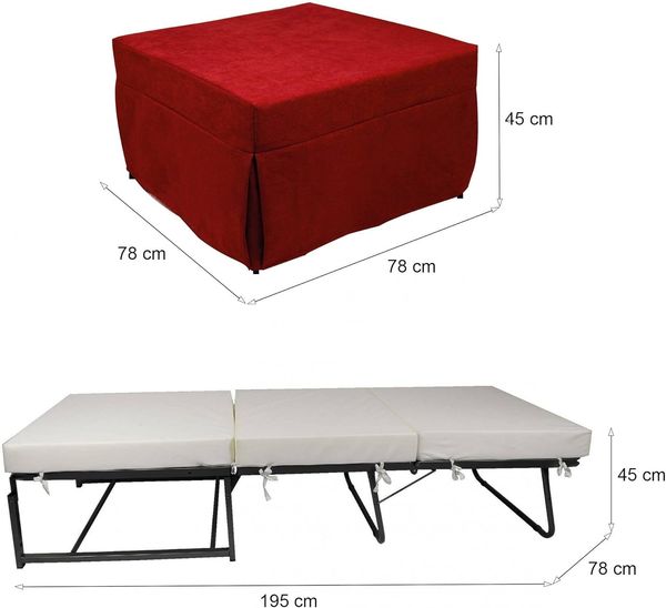 Dmora In ein Bett umwandelbarer Pouf, aus gepolstertem Stoff, inklusive Netz und Matratze, cm 75x75h42 cm, Farbe Rot Bild 3