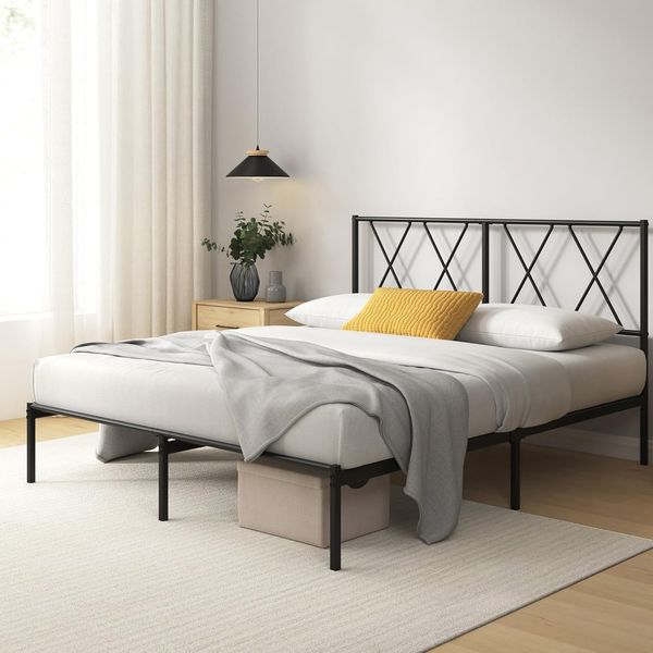 Zinus Bett Elias 135x190 cm - Metallrahmen mit Kopfteil - Höhe 30 cm - Bett mit Metalllatten - Einfache Montage - Stauraum unter dem Bett - Schwarz