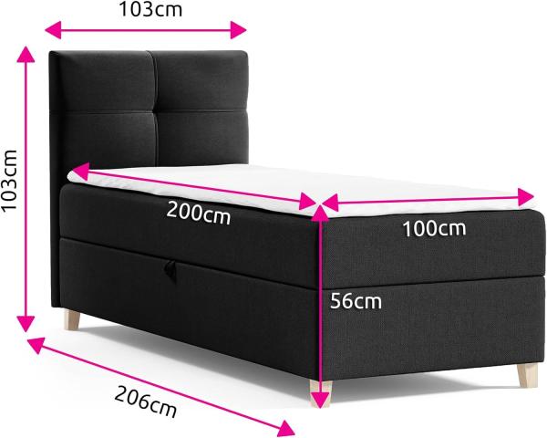 Boxspringbett Candy Mini mit Bettkasten und Topper - Einzelbett mit Bonell-Matratze und Topper, Bett mit Holzfüße, Jugendbett, Kinderbett (Schwarz (Soro 100), 100 x 200 cm) Bild 3