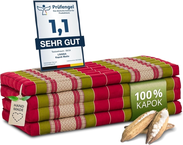 Nachhaltige Klappmatratze aus Kapok, breite Gästematratze vierteilig, Faltbare Matratze, ökologische Yogamatte, klappbares Gästebett, Liege für Garten und Balkon 200 x 110 x 8 cm (Rot/Grün)