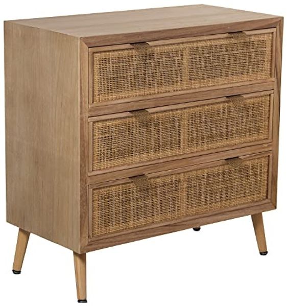 DRW Kommode mit 3 Schubladen aus MDF und Rattan in Natur, 80 x 40 x 80 cm, Höhe 16 cm