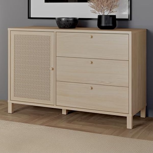 Forte SKELBIT Kommode 120, Kommode im Boho-Stil, 1-türig, 3 Schubladen, Holzwerkstoff, Wohn-/Schlafzimmer, Elegancia Eiche Holzdekor|Technorattan, 116,3 cm breit x 82,5 cm hoch x 42 cm tief