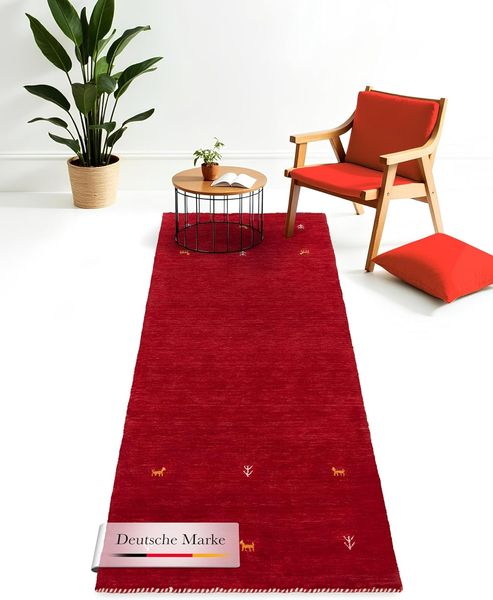 carpetfine 'Gabbeh Uni' Wollteppich, reine Wolle, Rot, 80x400 cm