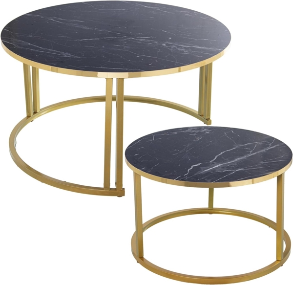 DRW Set mit 2 Couchtischen aus Holz und Metall in Gold Marmor-Effekt, 80x43 und 60x38 cm, vergoldet und schwarz, 80x43 y 60x38 cm Bild 1
