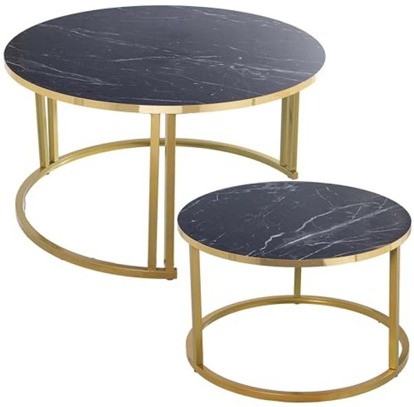 DRW Set mit 2 Couchtischen aus Holz und Metall in Gold Marmor-Effekt, 80x43 und 60x38 cm, vergoldet und schwarz, 80x43 y 60x38 cm