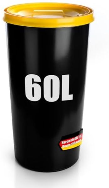 BigDean wetterfeste Universaltonne 60L mit luftdicht verschließbarem Deckel in Gelb – auch als Mülleimer – Futtertonne oder Mülltonne geeignet – Innen + Außen geeignet – Made in Germany