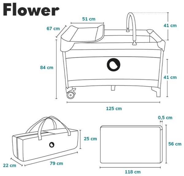 Lionelo Flower Reisebett Baby mit Seiteneingang, Wickeltisch, Zwei Matratzenaufhängungshöhen, Spielzeugbogen mit Spielfiguren, Rollen, Tragetasche Bild 9