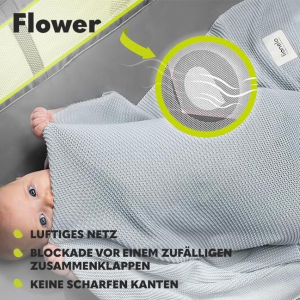 Lionelo Flower Reisebett Baby mit Seiteneingang, Wickeltisch, Zwei Matratzenaufhängungshöhen, Spielzeugbogen mit Spielfiguren, Rollen, Tragetasche Bild 6