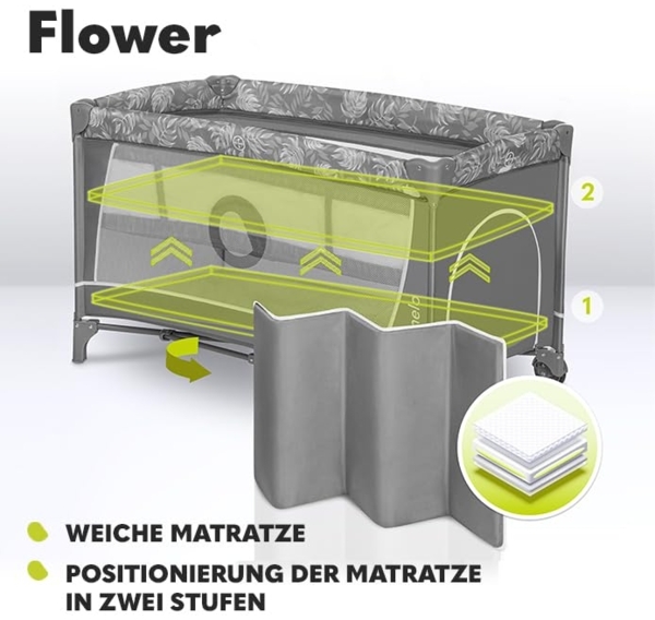 Lionelo Flower Reisebett Baby mit Seiteneingang, Wickeltisch, Zwei Matratzenaufhängungshöhen, Spielzeugbogen mit Spielfiguren, Rollen, Tragetasche Bild 4