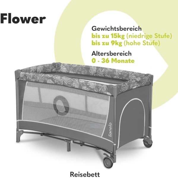 Lionelo Flower Reisebett Baby mit Seiteneingang, Wickeltisch, Zwei Matratzenaufhängungshöhen, Spielzeugbogen mit Spielfiguren, Rollen, Tragetasche Bild 2