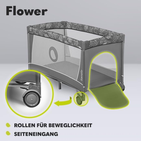 Lionelo Flower Reisebett Baby mit Seiteneingang, Wickeltisch, Zwei Matratzenaufhängungshöhen, Spielzeugbogen mit Spielfiguren, Rollen, Tragetasche Bild 5