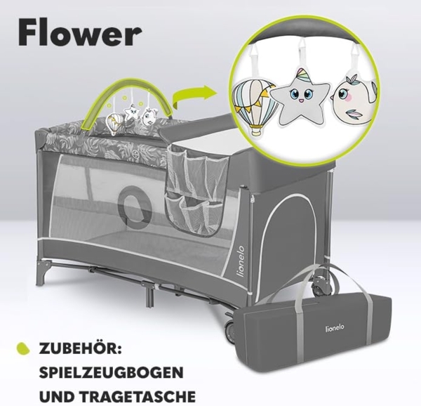Lionelo Flower Reisebett Baby mit Seiteneingang, Wickeltisch, Zwei Matratzenaufhängungshöhen, Spielzeugbogen mit Spielfiguren, Rollen, Tragetasche Bild 8