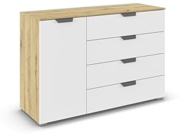 rauch Aditio Box, Kommode, 1-türig, 4 Schubladen, mit Softclose-Funktion, Farbe Weiß/Eiche Artisan, BxHxT 120x81x42cm