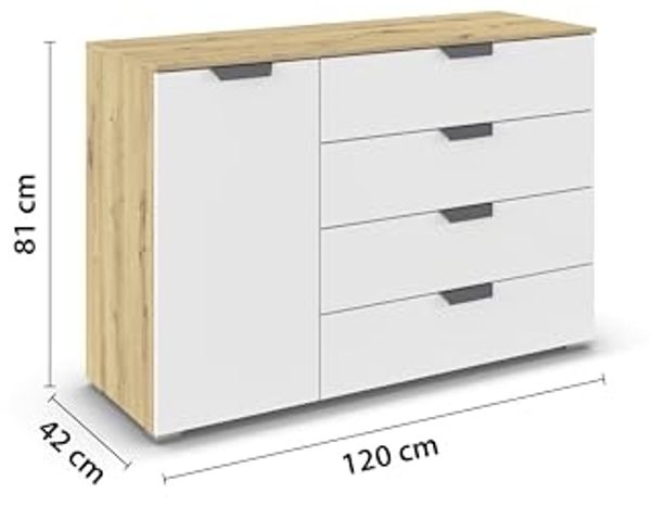 rauch Aditio Box, Kommode, 1-türig, 4 Schubladen, mit Softclose-Funktion, Farbe Weiß/Eiche Artisan, BxHxT 120x81x42cm Bild 3
