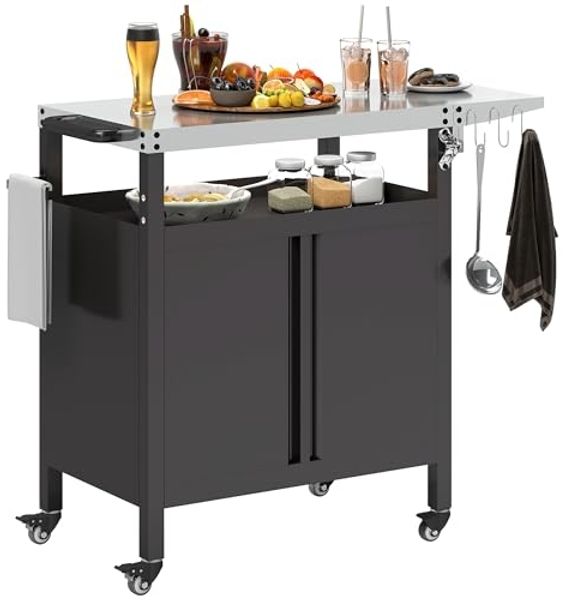 Outsunny Servierwagen mit Arbeitsfläche, Schrank, Haken, Räder, aus Edelstahl, (3-Etagen Grillwagen, 1 St, klappbar BBQ Grilltisch), für Garten, Grill, 116 x 50 x 93cm, Schwarz