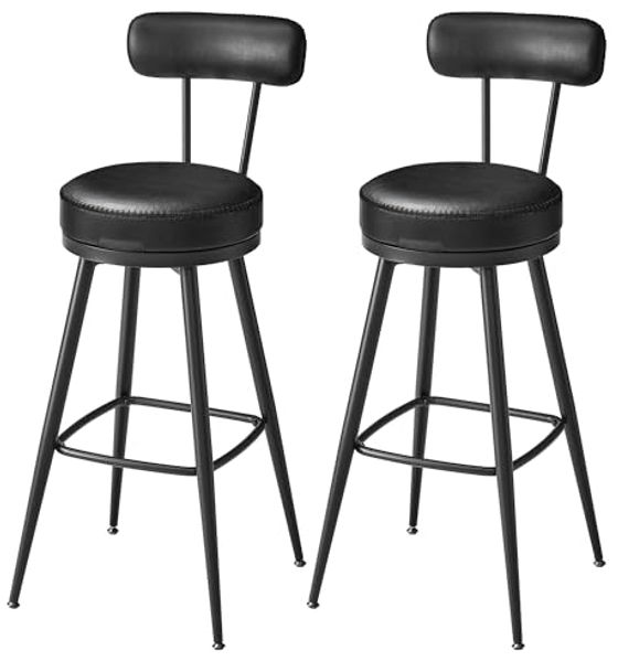 VASAGLE EKHO Kollektion - 360° drehbarer Barhocker, 2er Set, Hocker mit Rückenlehne für Bartisch, Kunstleder mit Nähten, Mid-Century-Modern-Stil, 76 cm hoch, Küche, Hausbar, tintenschwarz