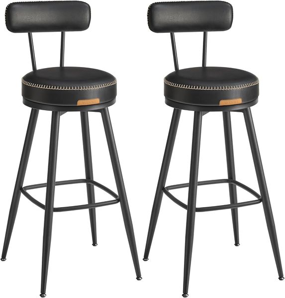 VASAGLE EKHO Kollektion - 360° drehbarer Barhocker, 2er Set, Hocker mit Rückenlehne für Bartisch, Kunstleder mit Nähten, Mid-Century-Modern-Stil, 76 cm hoch, Küche, Hausbar, tintenschwarz