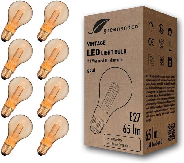 greenandco 8x LED Vintage Glühbirne zur Stimmungsbeleuchtung | dimmbar | E27 A60 | gold | 2,3W 65lm | 1800K extra warmweiß | 320° | 230V | flimmerfrei | Edison Glühbirne