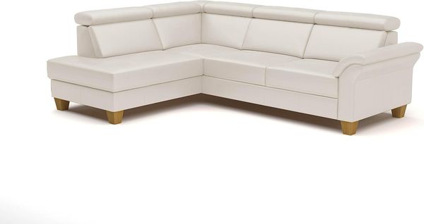 CAVADORE Leder-Schlafcouch Ammerland mit Ottomane / Landhaus-Sofa mit Federkern, Bett, Bettkasten + Kopfteilverstellung / 245 x 84 x 194 / Leder Weiß