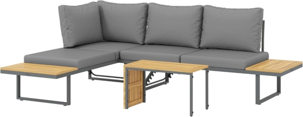 Outsunny Garten-Essgruppe mit Eckbank, verstellbar Rückenlehne, Beistelltisch, Kissen, (L-Förmig Gartenlounge aus Akazienholz, 3-tlg, Gartenmöbel Set für 6 Personen), für Garten, Terrasse, Balkon, Hellgrau Bild 1