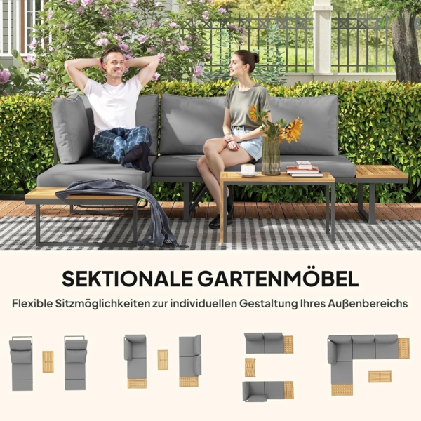 Outsunny Garten-Essgruppe mit Eckbank, verstellbar Rückenlehne, Beistelltisch, Kissen, (L-Förmig Gartenlounge aus Akazienholz, 3-tlg, Gartenmöbel Set für 6 Personen), für Garten, Terrasse, Balkon, Hellgrau Bild 8