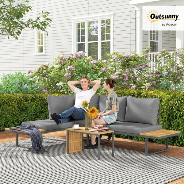 Outsunny Garten-Essgruppe mit Eckbank, verstellbar Rückenlehne, Beistelltisch, Kissen, (L-Förmig Gartenlounge aus Akazienholz, 3-tlg, Gartenmöbel Set für 6 Personen), für Garten, Terrasse, Balkon, Hellgrau Bild 2