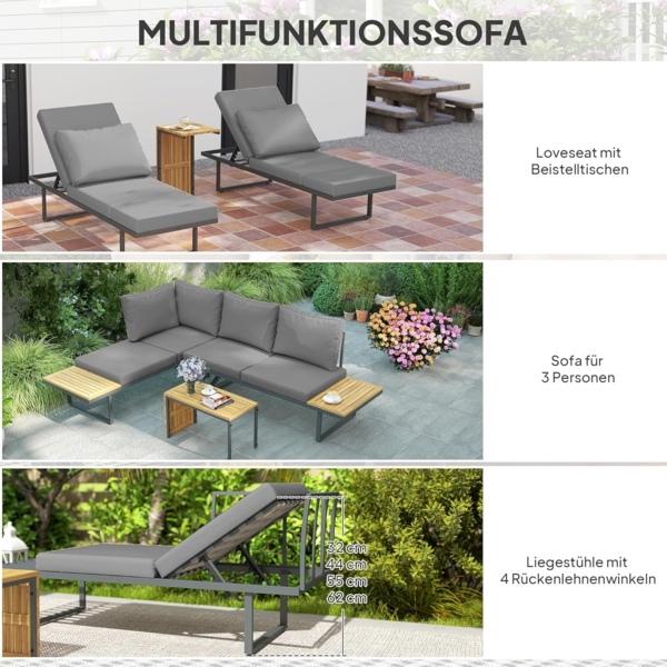 Outsunny Garten-Essgruppe mit Eckbank, verstellbar Rückenlehne, Beistelltisch, Kissen, (L-Förmig Gartenlounge aus Akazienholz, 3-tlg, Gartenmöbel Set für 6 Personen), für Garten, Terrasse, Balkon, Hellgrau Bild 4