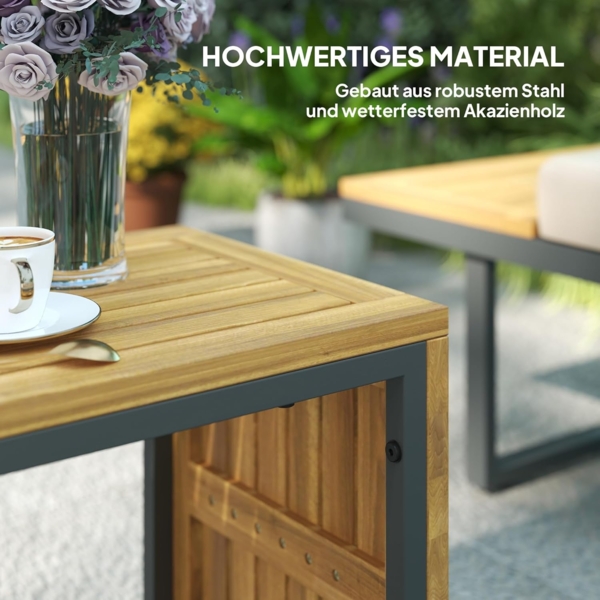 Outsunny Garten-Essgruppe mit Eckbank, verstellbar Rückenlehne, Beistelltisch, Kissen, (L-Förmig Gartenlounge aus Akazienholz, 3-tlg, Gartenmöbel Set für 6 Personen), für Garten, Terrasse, Balkon, Hellgrau Bild 3