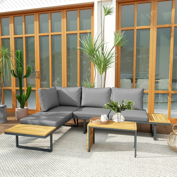 Outsunny Garten-Essgruppe mit Eckbank, verstellbar Rückenlehne, Beistelltisch, Kissen, (L-Förmig Gartenlounge aus Akazienholz, 3-tlg, Gartenmöbel Set für 6 Personen), für Garten, Terrasse, Balkon, Hellgrau Bild 9