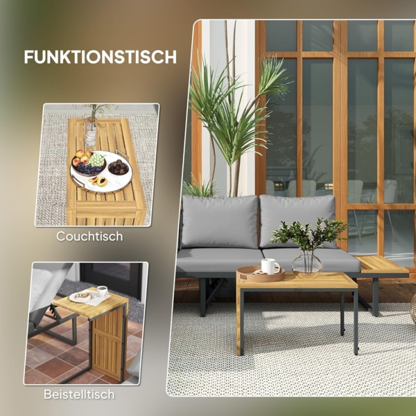 Outsunny Garten-Essgruppe mit Eckbank, verstellbar Rückenlehne, Beistelltisch, Kissen, (L-Förmig Gartenlounge aus Akazienholz, 3-tlg, Gartenmöbel Set für 6 Personen), für Garten, Terrasse, Balkon, Hellgrau Bild 5