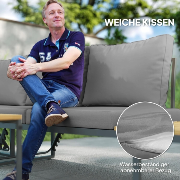 Outsunny Garten-Essgruppe mit Eckbank, verstellbar Rückenlehne, Beistelltisch, Kissen, (L-Förmig Gartenlounge aus Akazienholz, 3-tlg, Gartenmöbel Set für 6 Personen), für Garten, Terrasse, Balkon, Hellgrau Bild 6