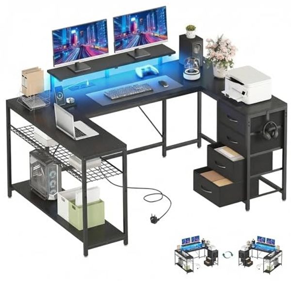 YITAHOME Gaming Tisch mit Steckdosen & LED-Lichter, Computer Schreibtisch mit Schubladen & Stauraum, Reversibler Eckschreibtisch mit Regalen, Computertisch für Home Office, 158x100 cm, Schwarz