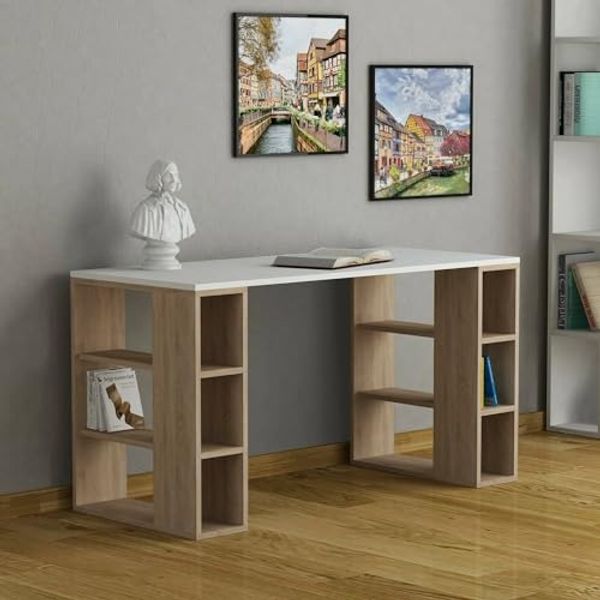 Dmora Schreibtisch Betelgeuse 140 x 60 x 75 cm Weiß, 6 Regale