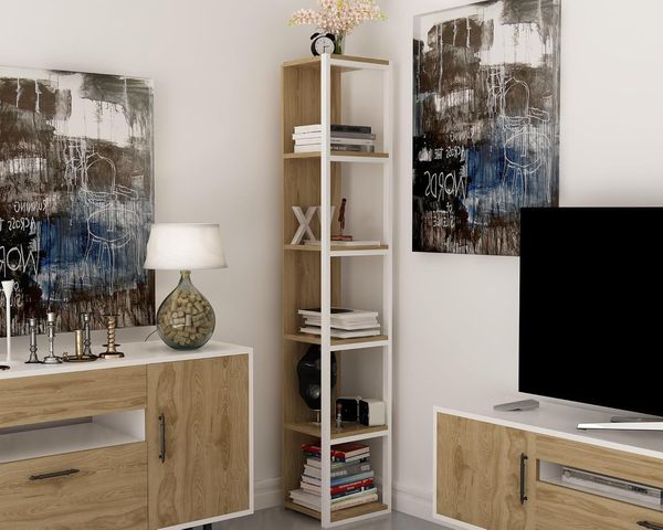 Hanah Home Modern Bookshelf with Metal Frame, Oak & White, 33.7 x 180 x 29.5 cm | 100% Melamine Coated, 18 mm Thick | Wall-Mountable, Stylish Storage Solution