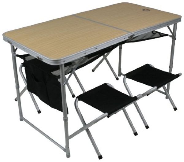 10T Campingtisch 10T Portable Family - Mobiles Tisch-Hocker-Set 4 Personen Aluminium + Netz-Ablagefäche im Koffer 64 x 64 x 9 cm