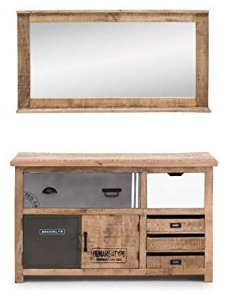 Rustikales Badmöbel Set Pune II - Waschtisch & Spiegel, Mango Holz, 124 cm Breite, Natürlich Lackiert