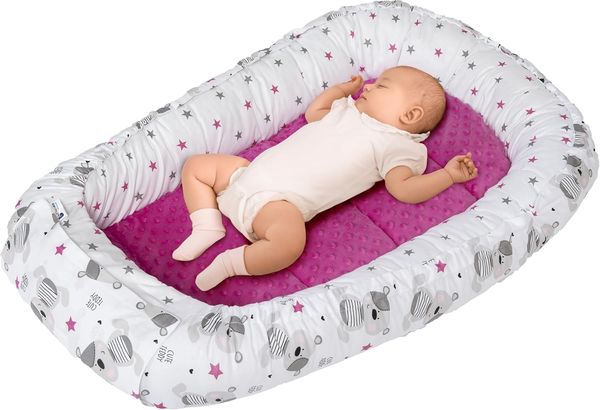 Medi Partners Babynest Kuschelnest Babynestchen 100% Baumwolle Nestchen Reisebett für Babys Säuglinge 100 x 60 x 15 cm herausnehmbarer Einsatz (Teddybär mit dunkelrosa Minky)