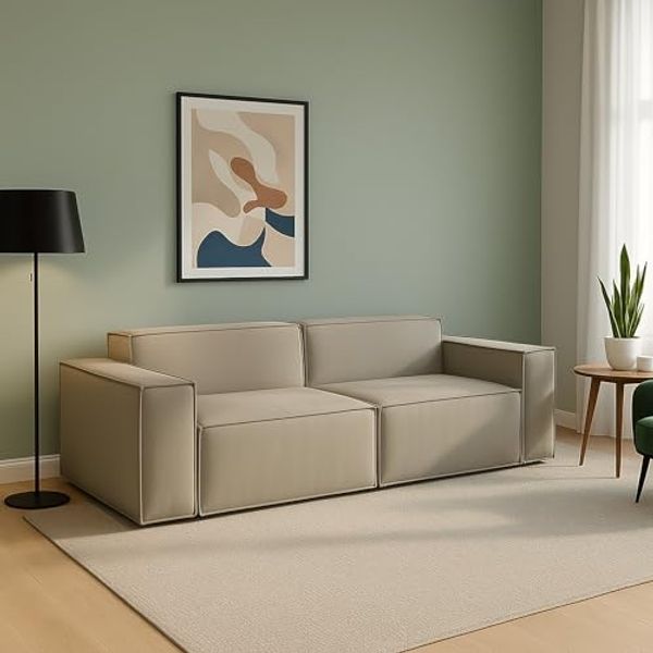 Talamo Italia - 2-Sitzer festes Sofa Paola, modulares lineares Sofa, modernes Wohnzimmersofa aus Stoff, 100 % Made in Italy, cm 220x95h70, Taupe