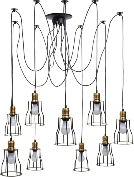 Pendelleuchte HWC-H81, Hängeleuchte Hängelampe, Industrial Metall höhenverstellbar schwarz ~ 9x Käfiglampenschirm