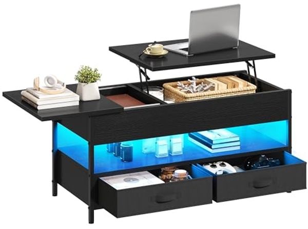 YITAHOME Couchtisch Höhenverstellbar, Wohnzimmertisch mit Verstecktem Ablagefach für für Wohnzimmer, Büro, couchtisch mit stauraum und 2 Schublade und LED-Lichtleiste 106 x 50 x 51,5 cm
