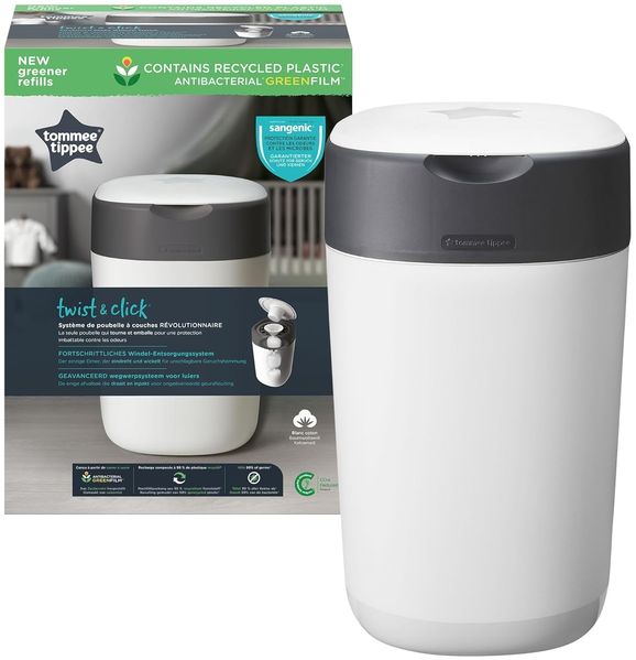 Tommee Tippee Twist and Click Advanced Windeleimer, inkl. 1x Nachfüllkassette mit nachhaltig gewonnener, antibakterieller Greenfilm-Folie, weiß, 2 Stück (1er Pack)