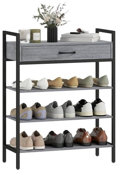 HOMCOM Schuhregal, 4-stufiges 1-tlg, Flurregal für bis zu 9 Paar Schuhe, Spanplatte, Metall, Grau