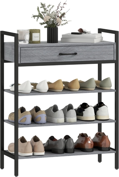 HOMCOM Schuhregal, 4-stufiges 1-tlg, Flurregal für bis zu 9 Paar Schuhe, Spanplatte, Metall, Grau